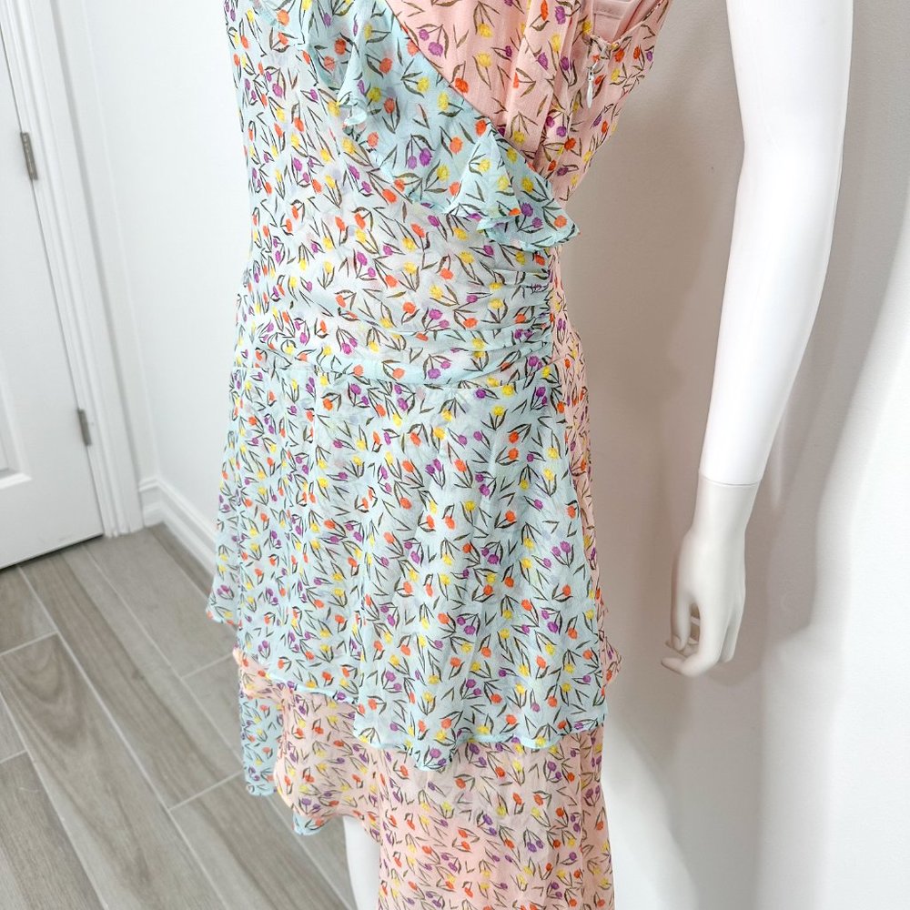 Anthropologie LAIA Mixed Floral Print Ruffle Asymmetrical Midi Dress Pink Blue - Picture 7 of 17